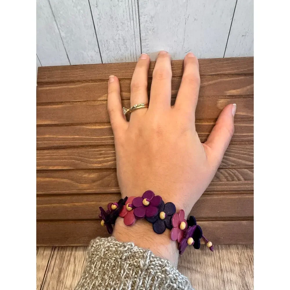 Handmade Genuine Leather Purple Flower Bracelet Purple Boho Daisy Bracelet NEW